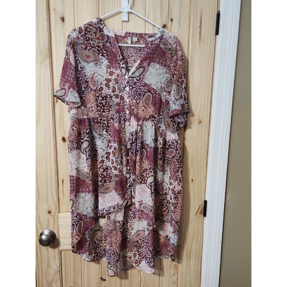 Paisley Print Short Sleeve Sheer Tunic - Pink & Brown